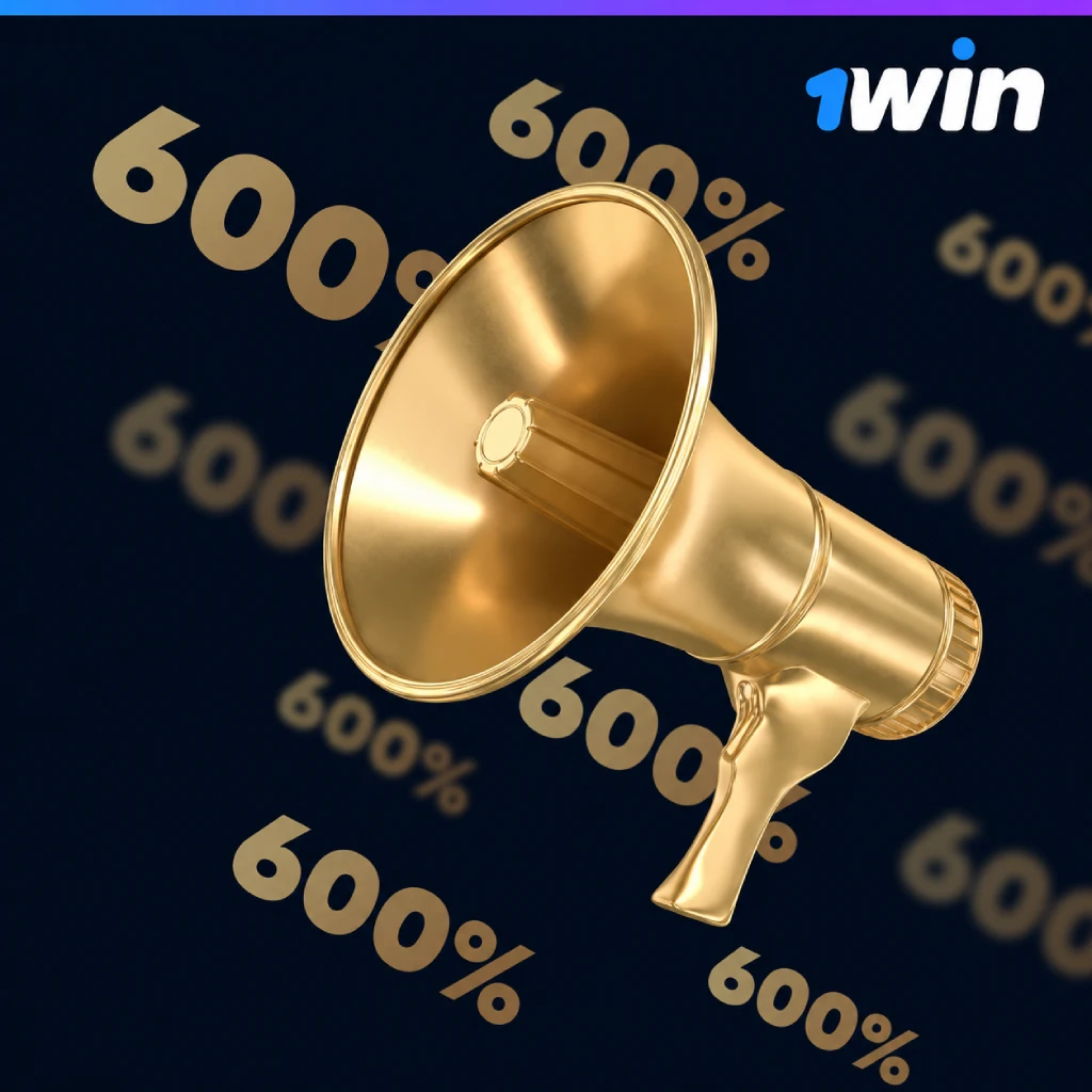 1win 600% bonus banner with golden megaphone, brand logo, and dark premium background