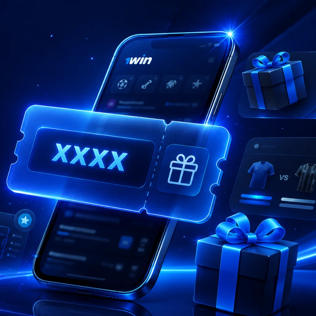 1win promo code bonus voucher banner with mobile app screen, gift boxes, and premium blue background