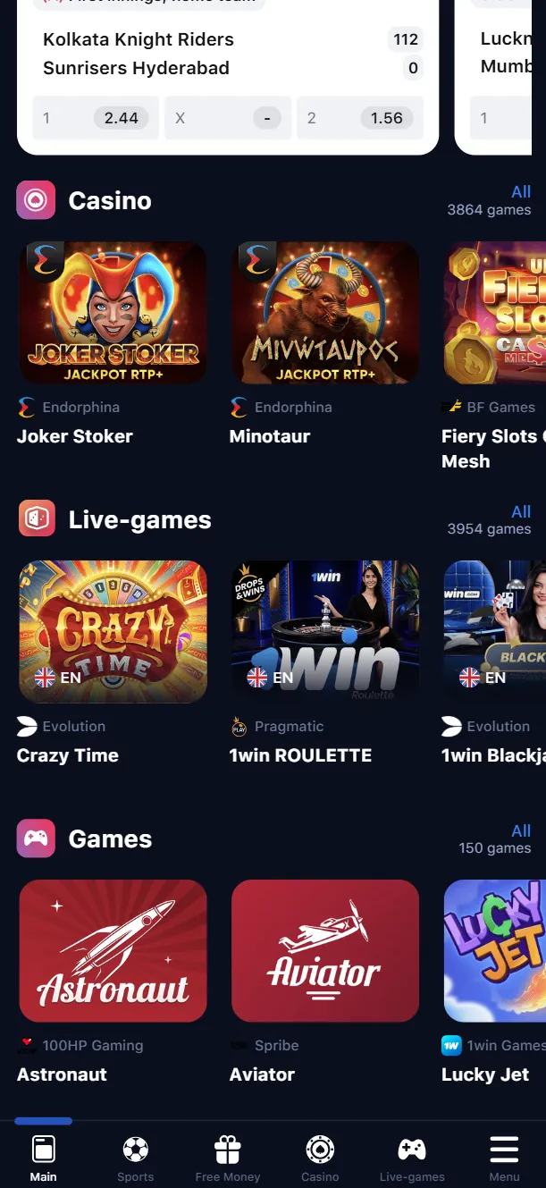 1win crypto casino games mobile
