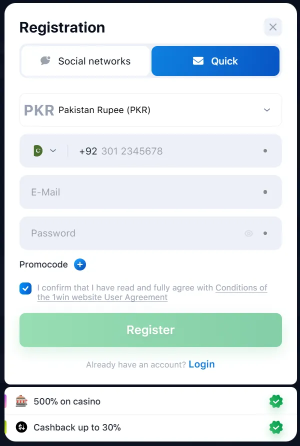 1win quick registration