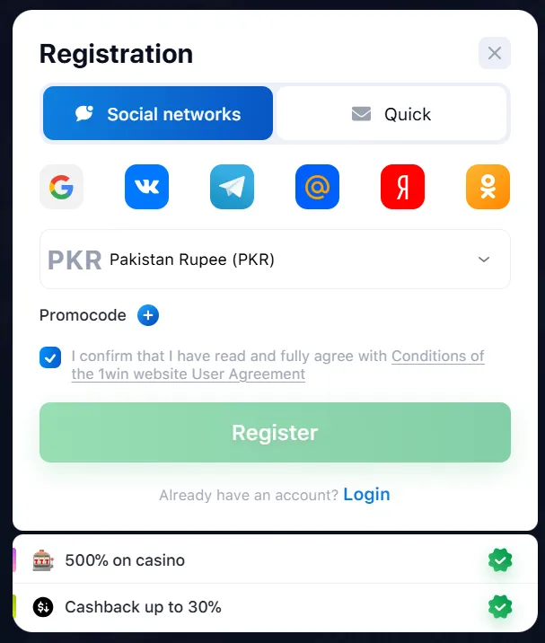 1win registration via social media