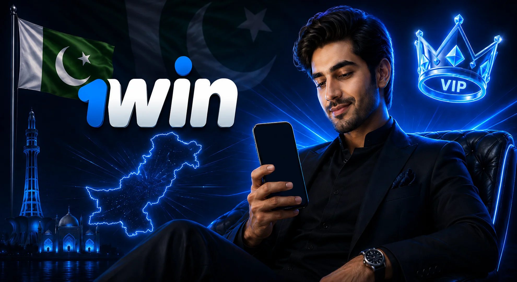 Stylishly dressed Pakistani man using a smartphone with a floating neon crown icon, showcasing the 1win VIP mobile experience.