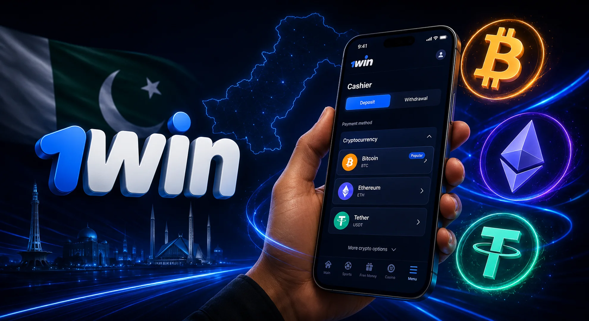 Hand holding a smartphone with the 1win mobile casino app open to the crypto cashier, featuring 3D Bitcoin, Ethereum, and USDT logos.