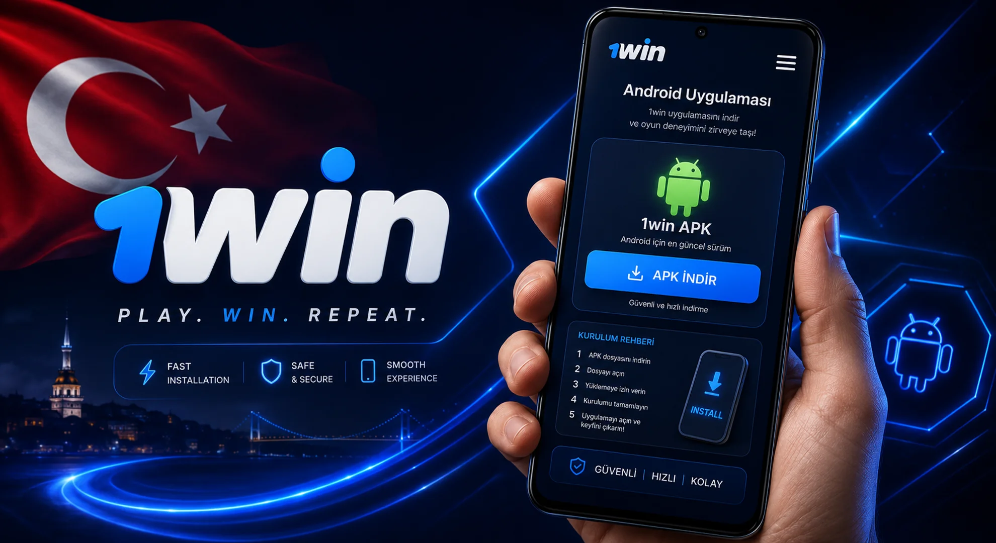 Hand holding an Android smartphone displaying the 1win APK download and installation guide screen.