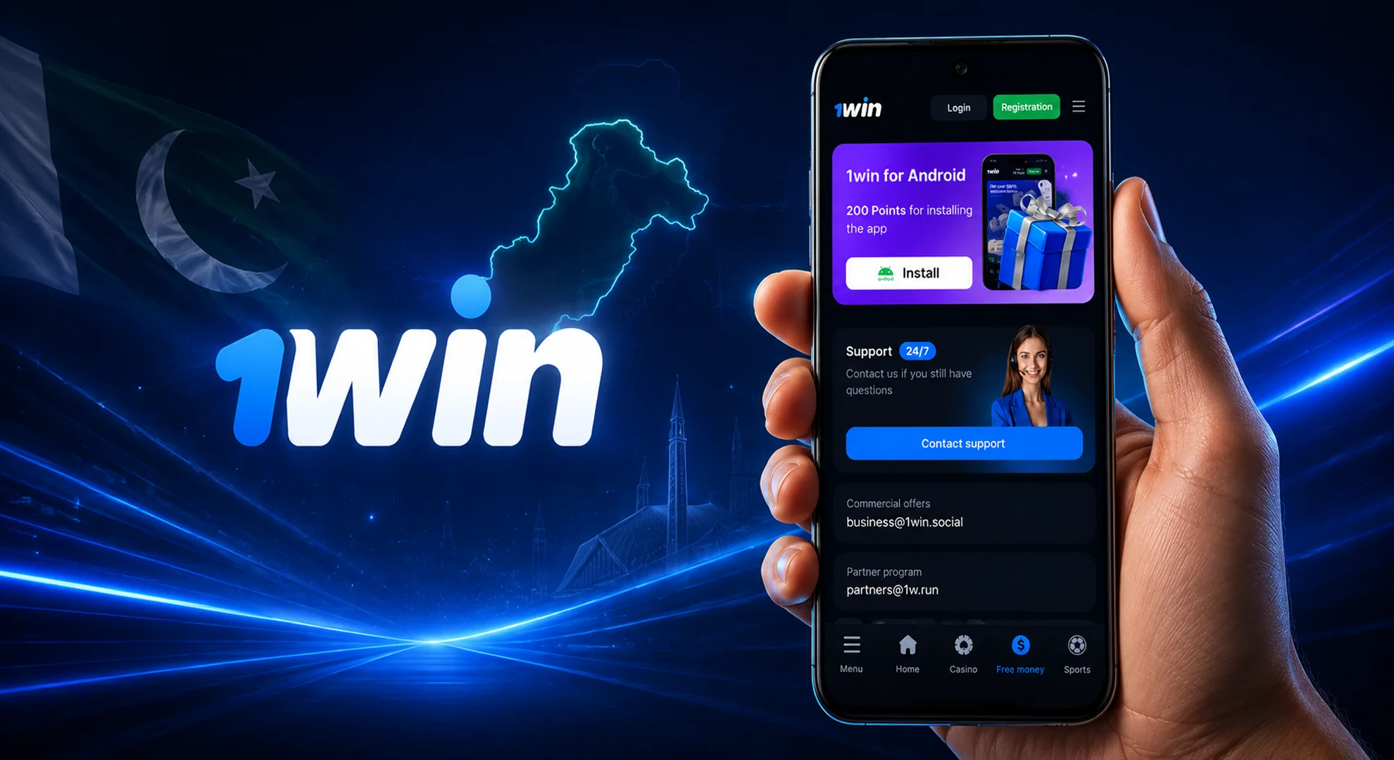 Hand holding an Android smartphone displaying the official 1win app download page alongside a neon logo.