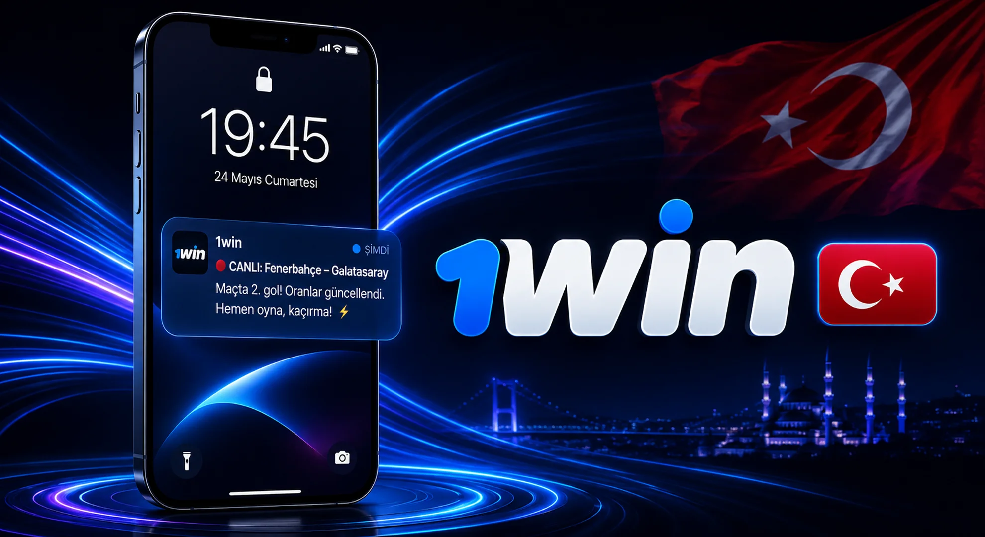 Modern smartphone showing a 1win app push notification next to the 1win logo with a Turkish flag for real-time alerts.