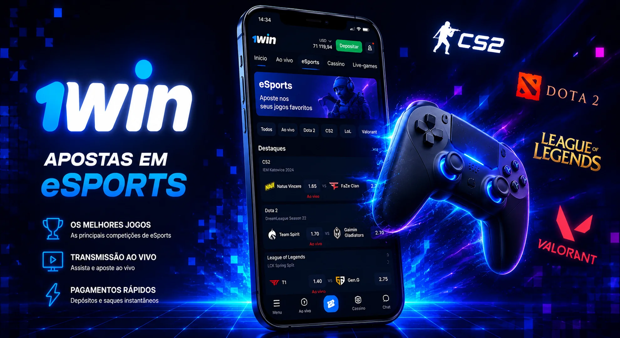 3D gamepad and game logos emerging from a smartphone screen for 1win esports betting on a neon grid background.