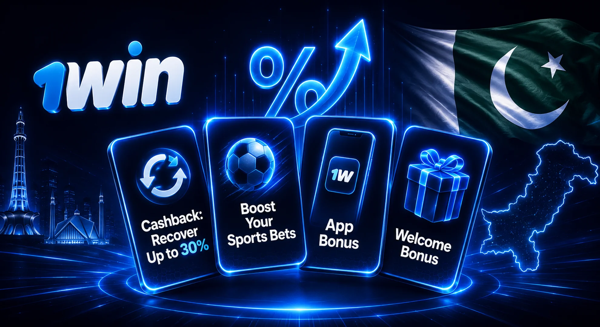 Fan-shaped layout of glowing promotional cards with an upward growth symbol for exclusive 1win app bonus and mobile rewards.