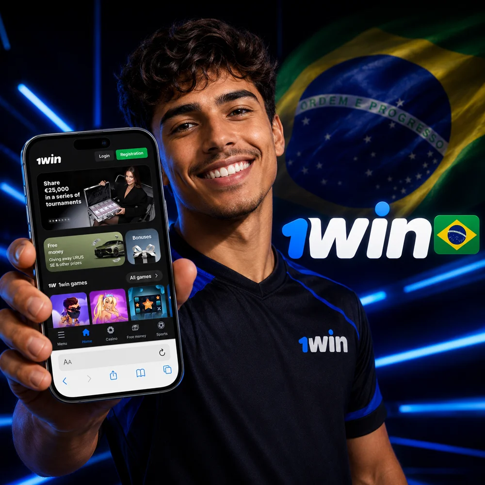 Smiling Brazilian man holding a smartphone with the 1win mobile app interface next to a neon logo featuring the Brazil flag.
