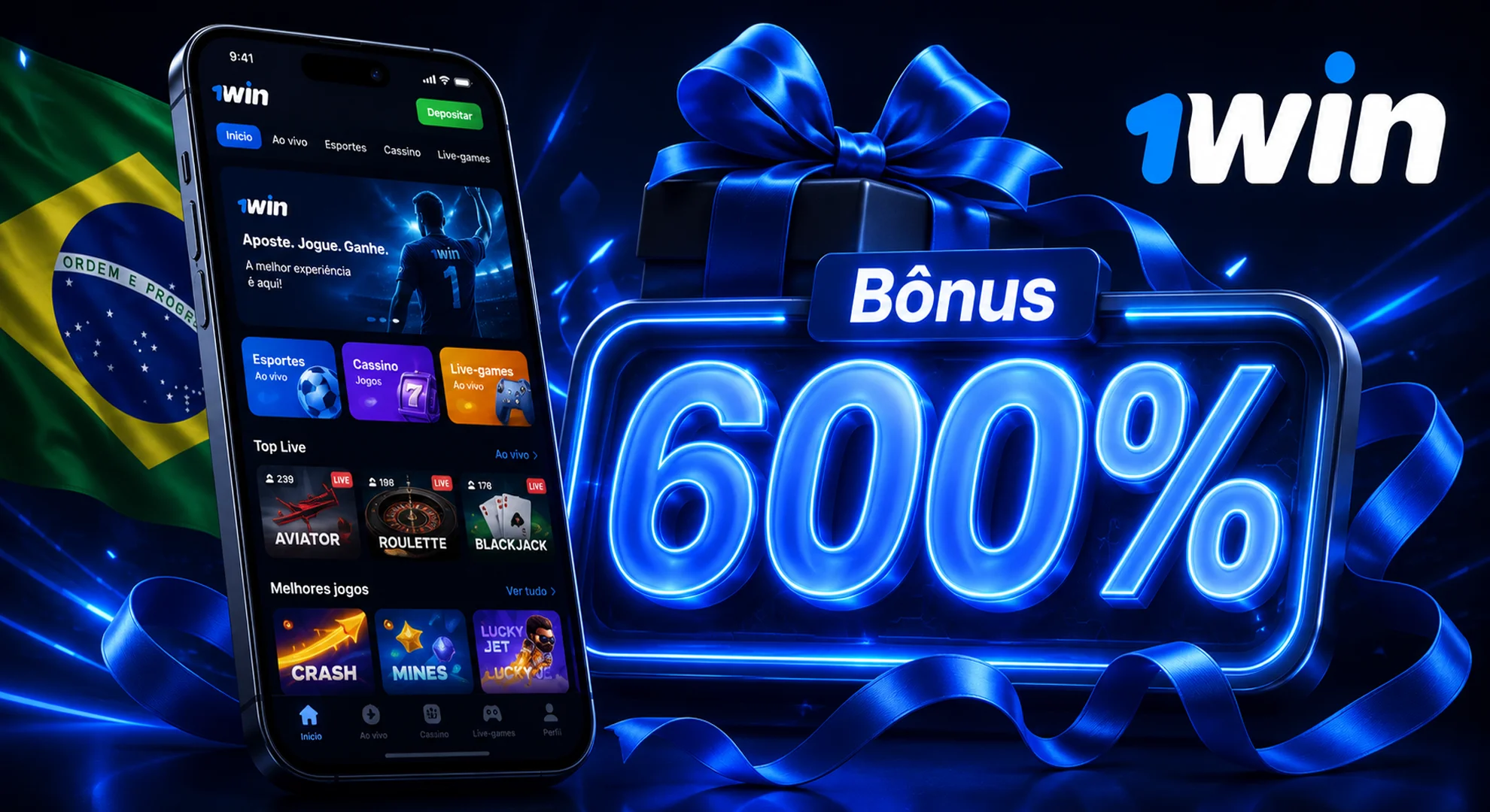 1win mobile bonus and promotions ad banner featuring a smartphone displaying a prominent 600 percent bonus offer.