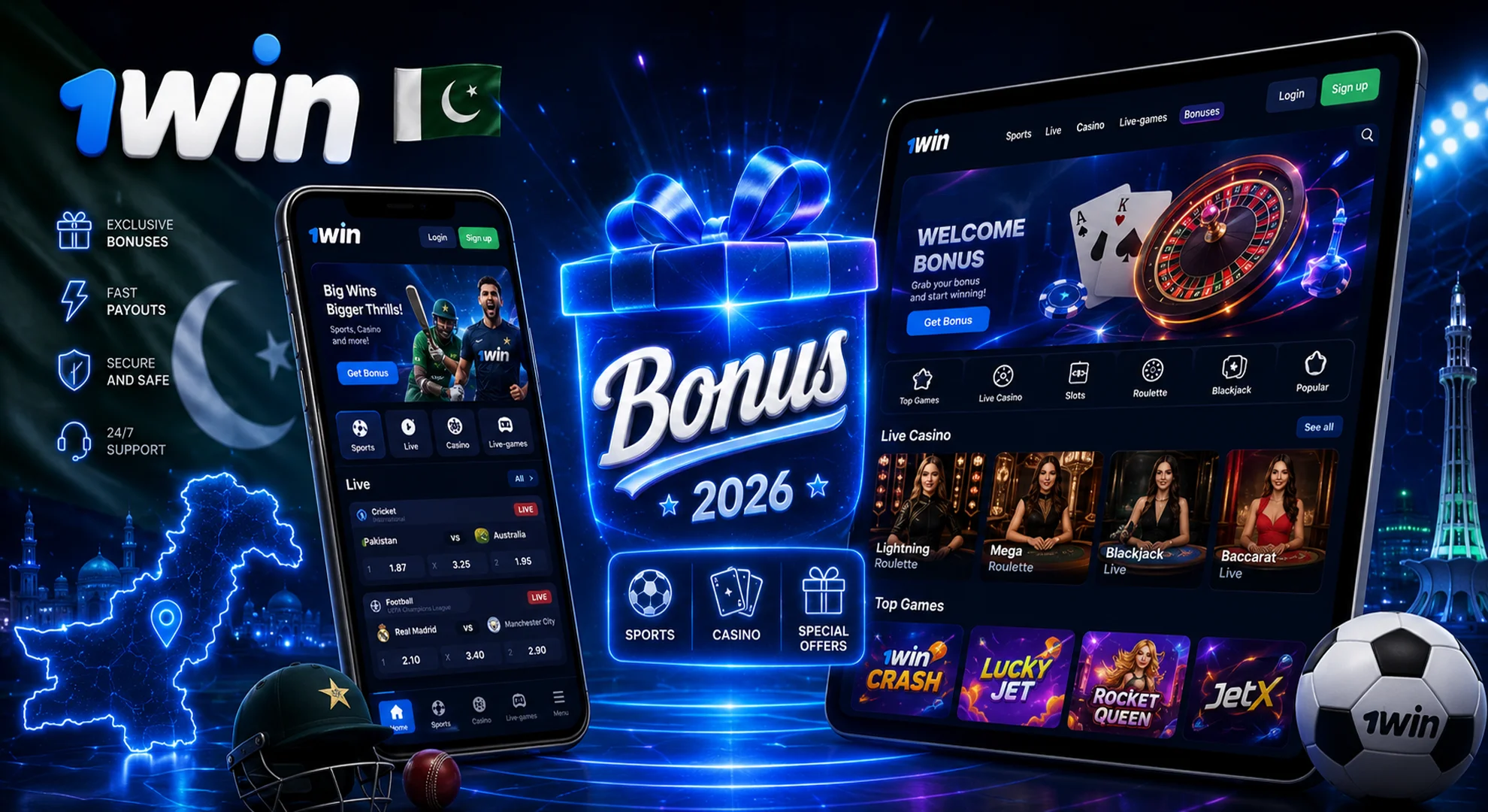 1win bonuses and promotions 2026 advertising banner featuring a smartphone, tablet, and a prominent Bonus offer.