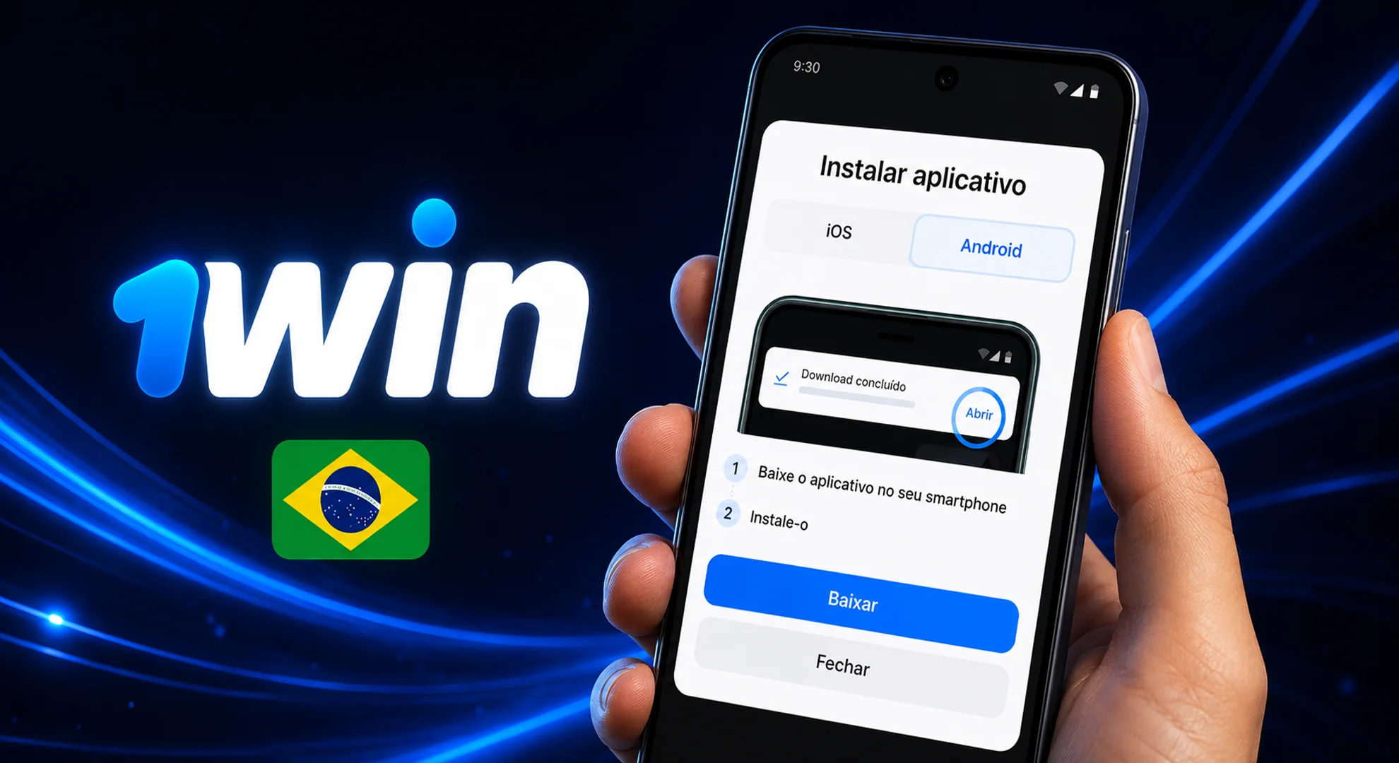 Hand holding an Android smartphone displaying the 1win app download page with a clear download button in Portuguese.