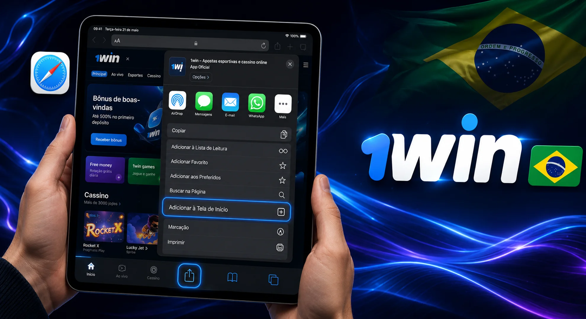 Hand holding an iPhone showing the 1win iOS app download interface with a download button in Portuguese next to a neon logo.