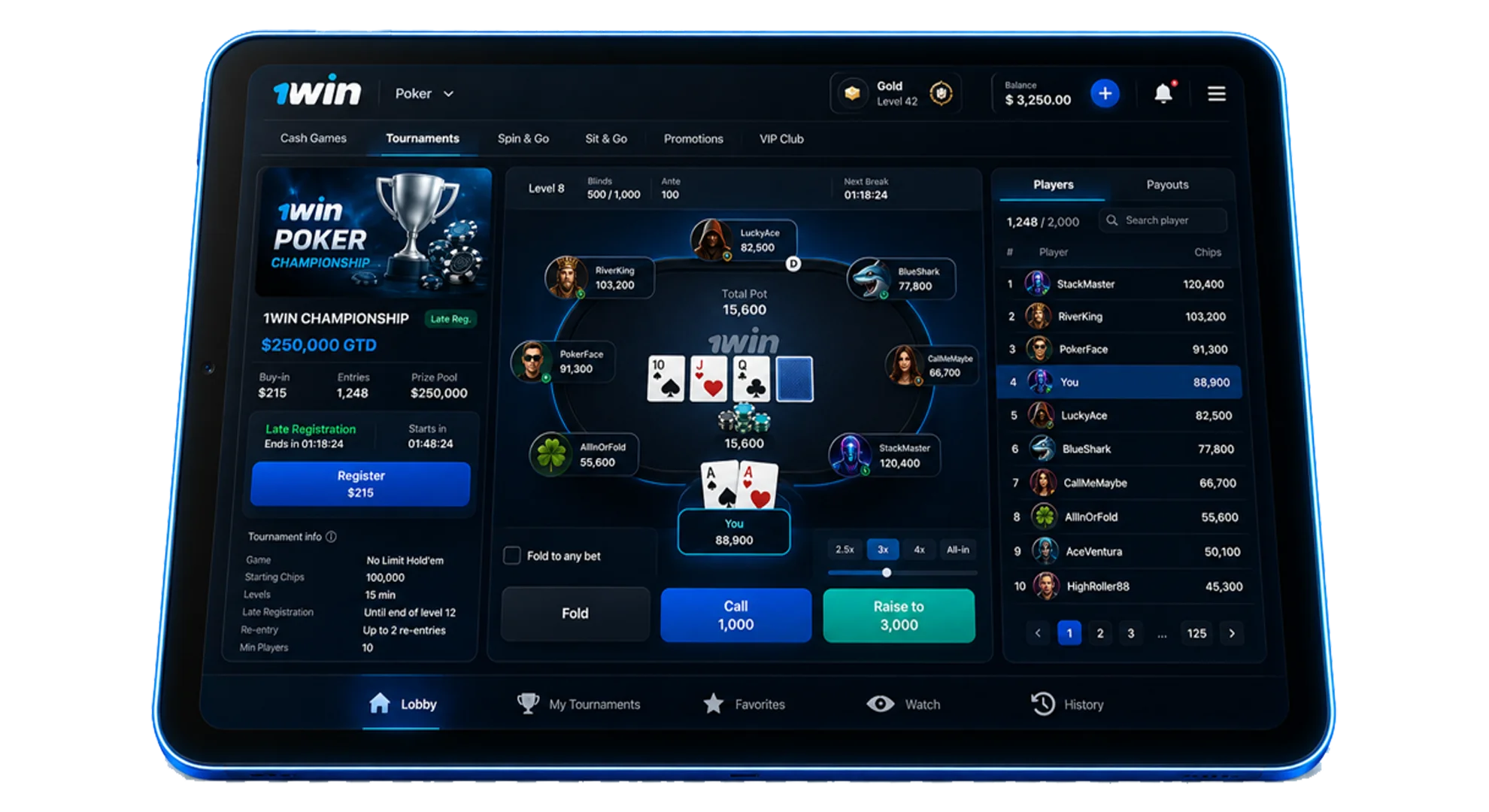 A mobile tablet with a glowing blue-green outline displaying live competitive poker tournaments on the 1win platform.