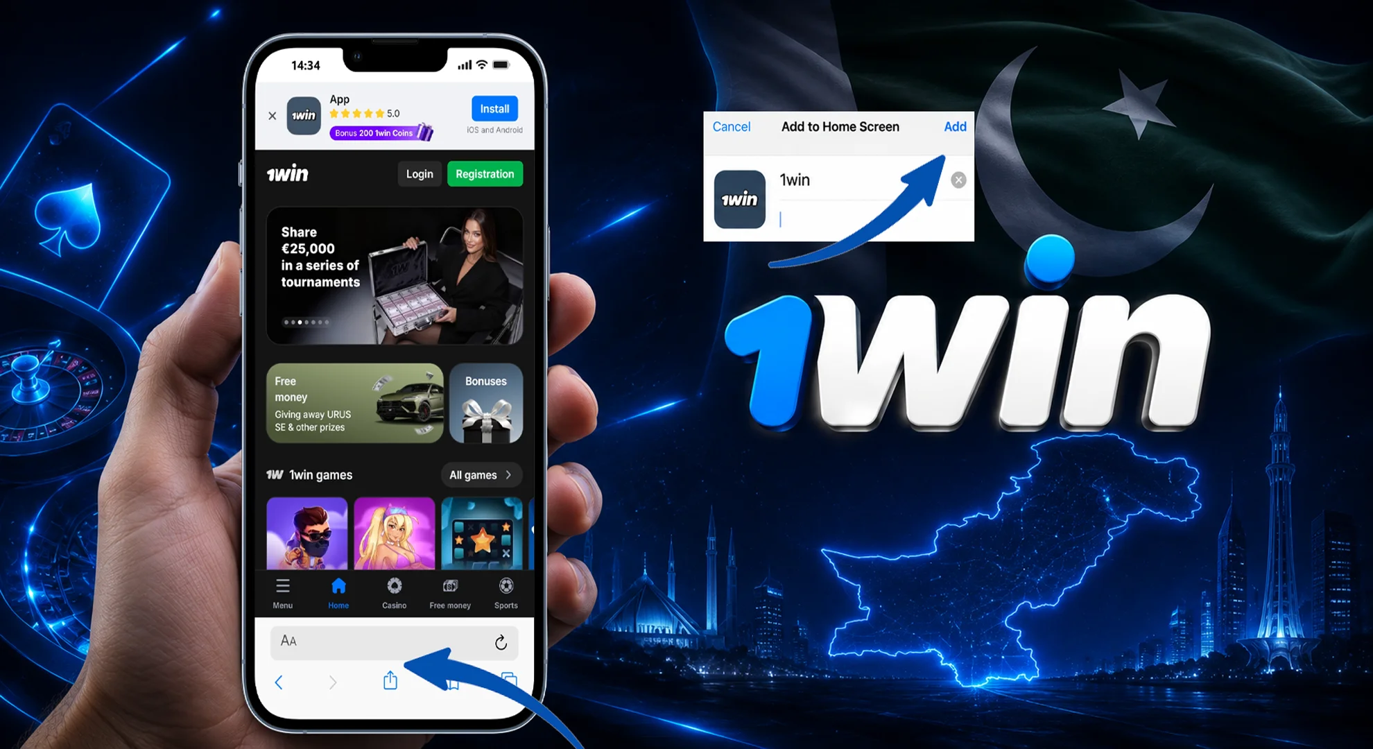 Hand holding an iPhone showing the 1win iOS app download screen next to a neon 1win logo.