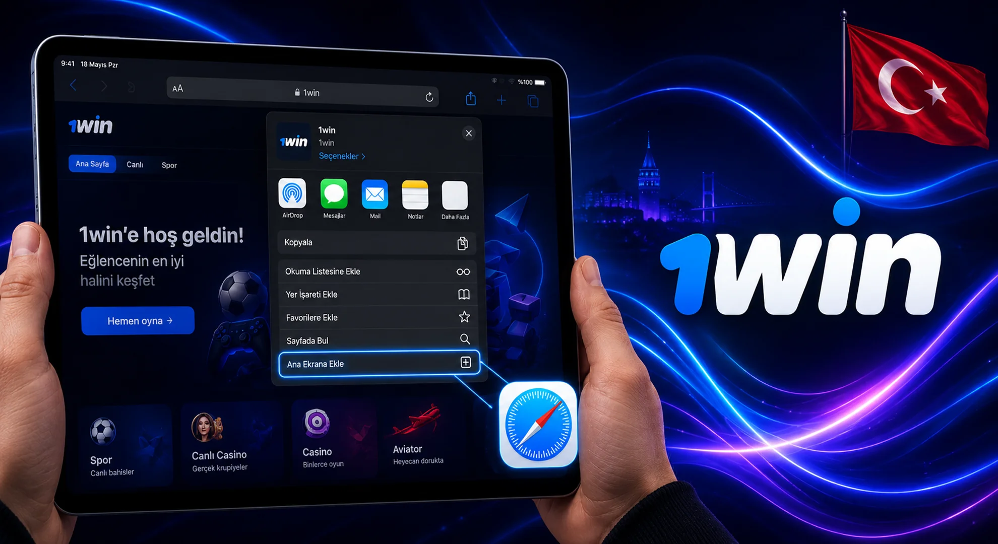 An iPad displaying the official 1win iOS installation guide interface for iPhone and iPad users.