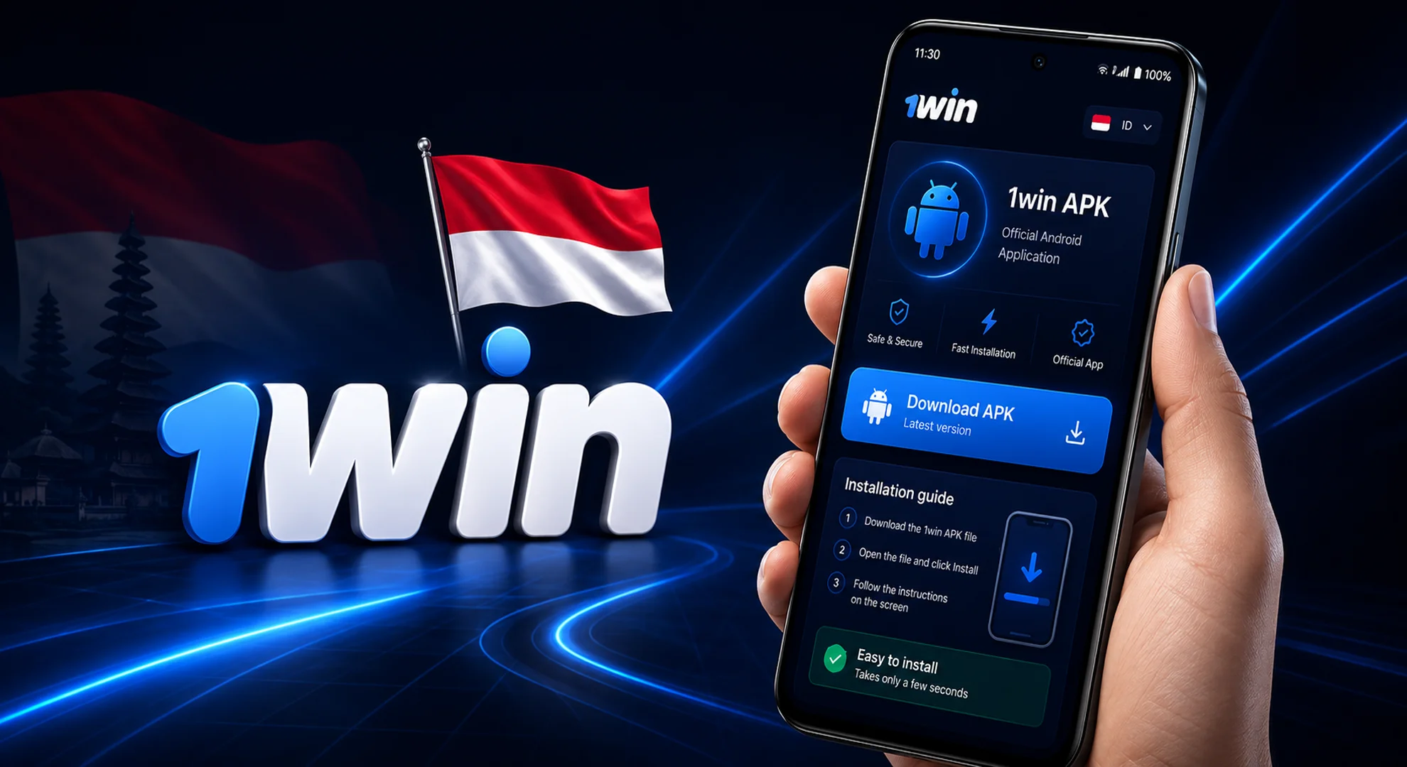 An Android smartphone displaying the 1win APK download screen next to an Indonesian flag for langkah-langkah download APK Android.