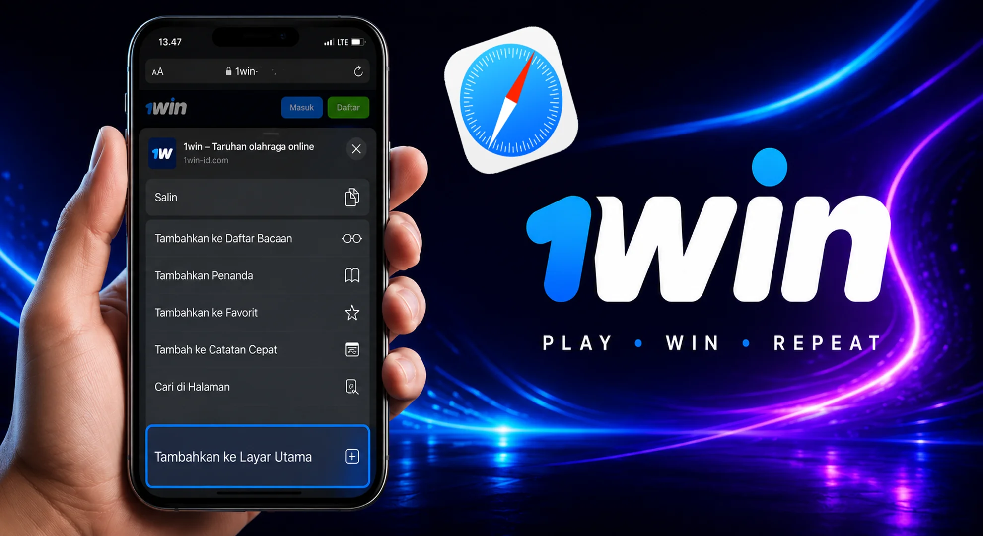 An iPhone showing the 1win website with the Safari pop-up menu prompting 'Tambahkan ke Layar Utama' for iPhone download and install steps.