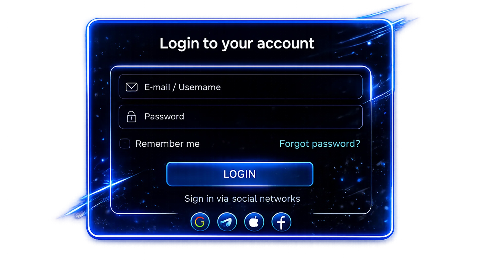 English login form interface with a glowing blue neon outline for logging in to your 1win account.