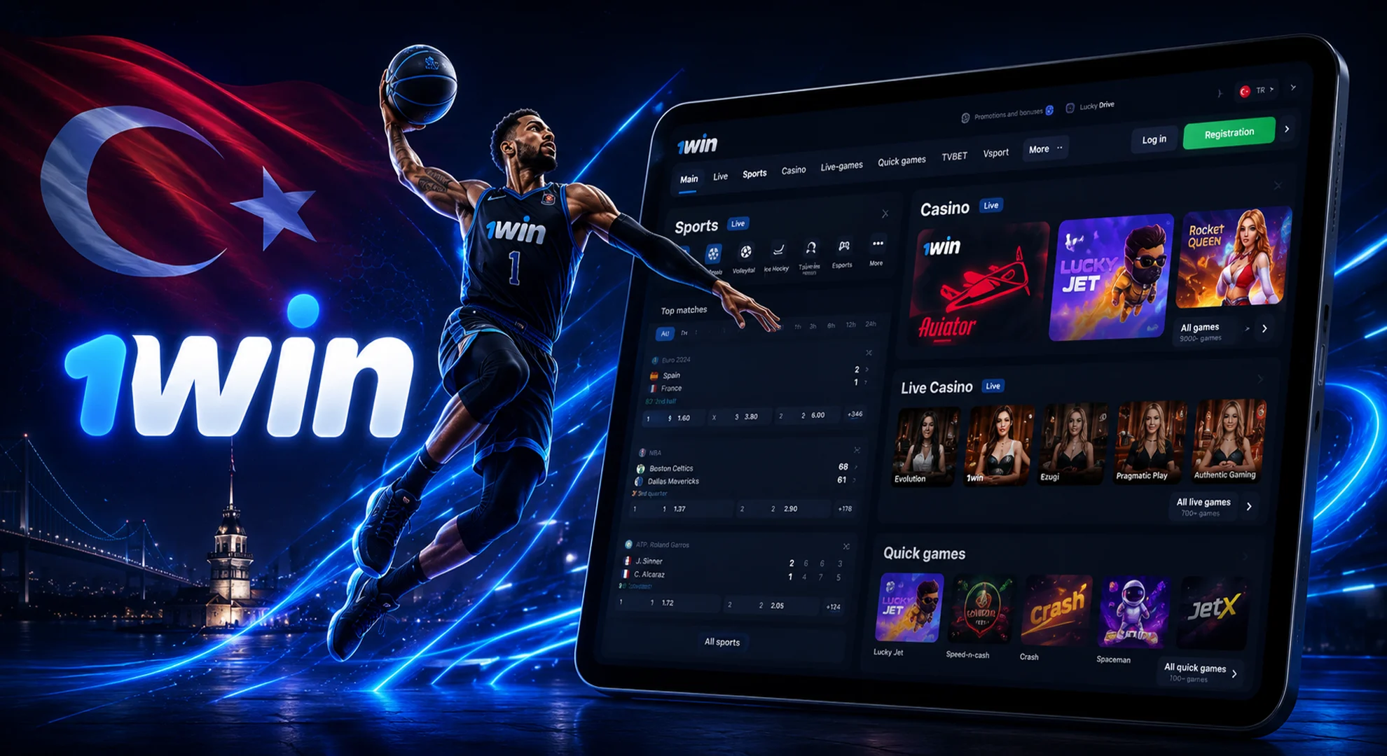 Tablet screen displaying available betting types on the 1win app featuring a basketball player in action.