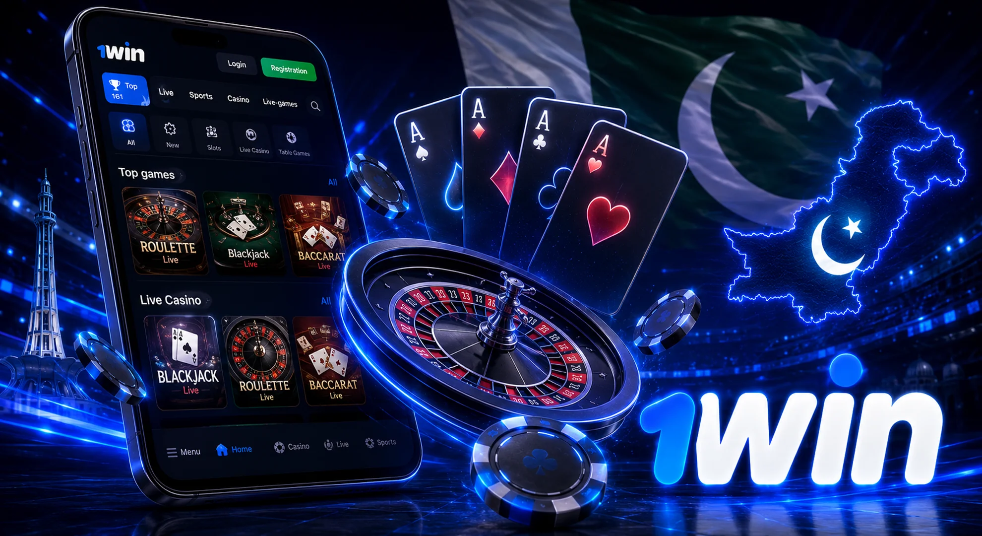 3D playing cards and a roulette wheel emerging from a mobile phone screen for 1win online casino games.
