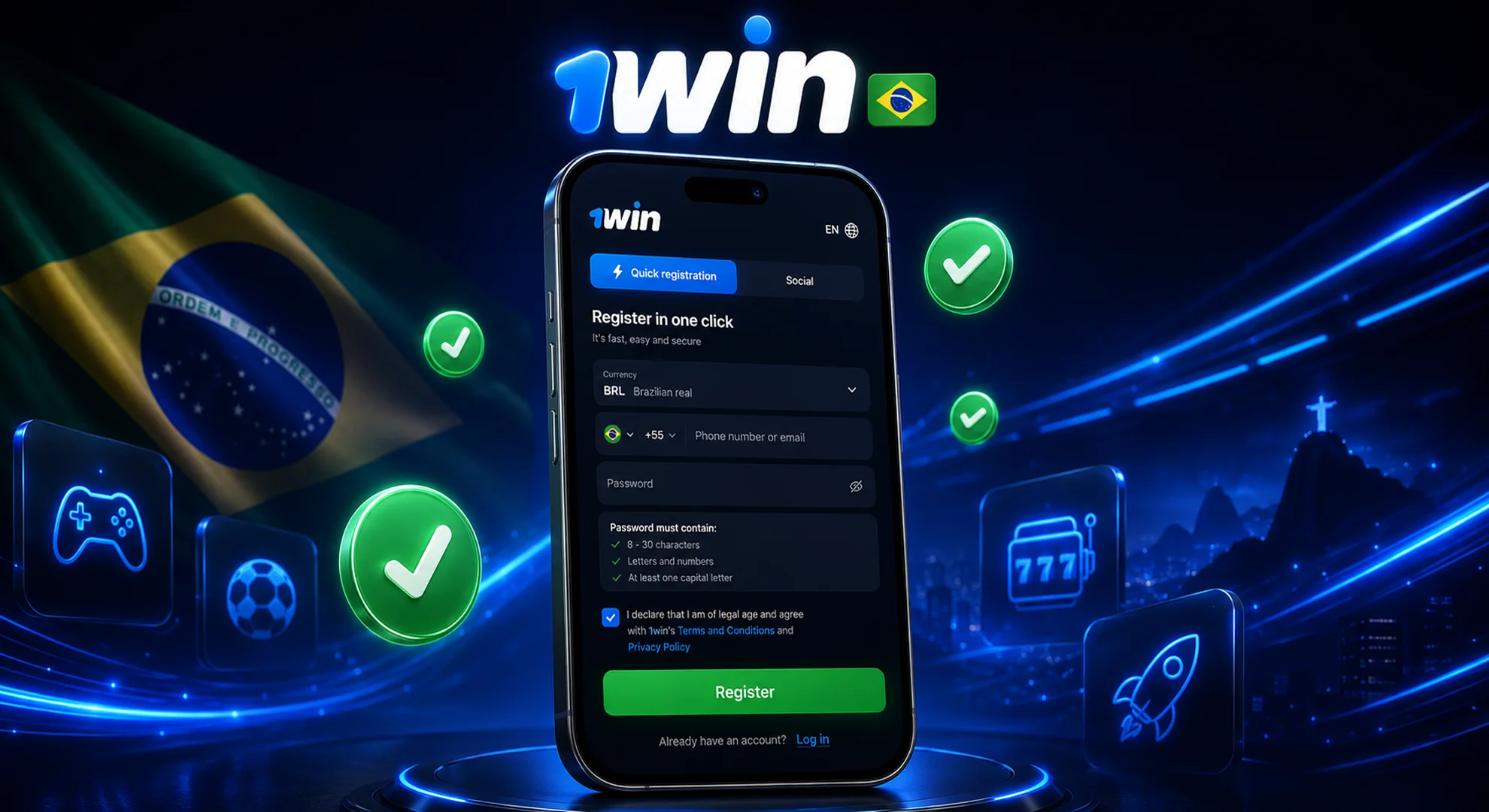 Smartphone displaying the 1win quick registration form step-by-step with floating glowing green checkmarks.