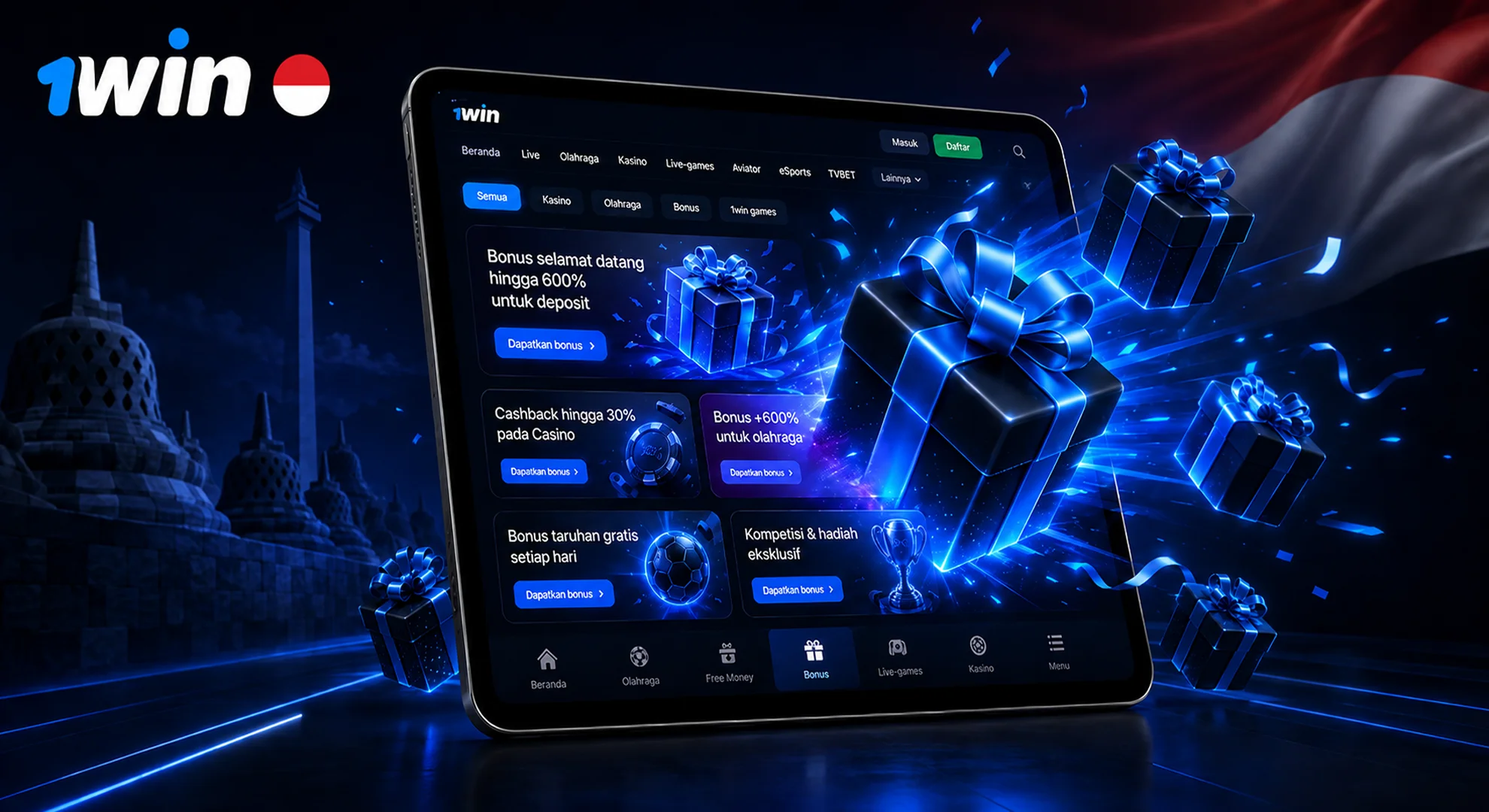 1win app promotional banner featuring a tablet with 3D gift boxes emerging from the bonus page for promosi rutin lewat aplikasi.