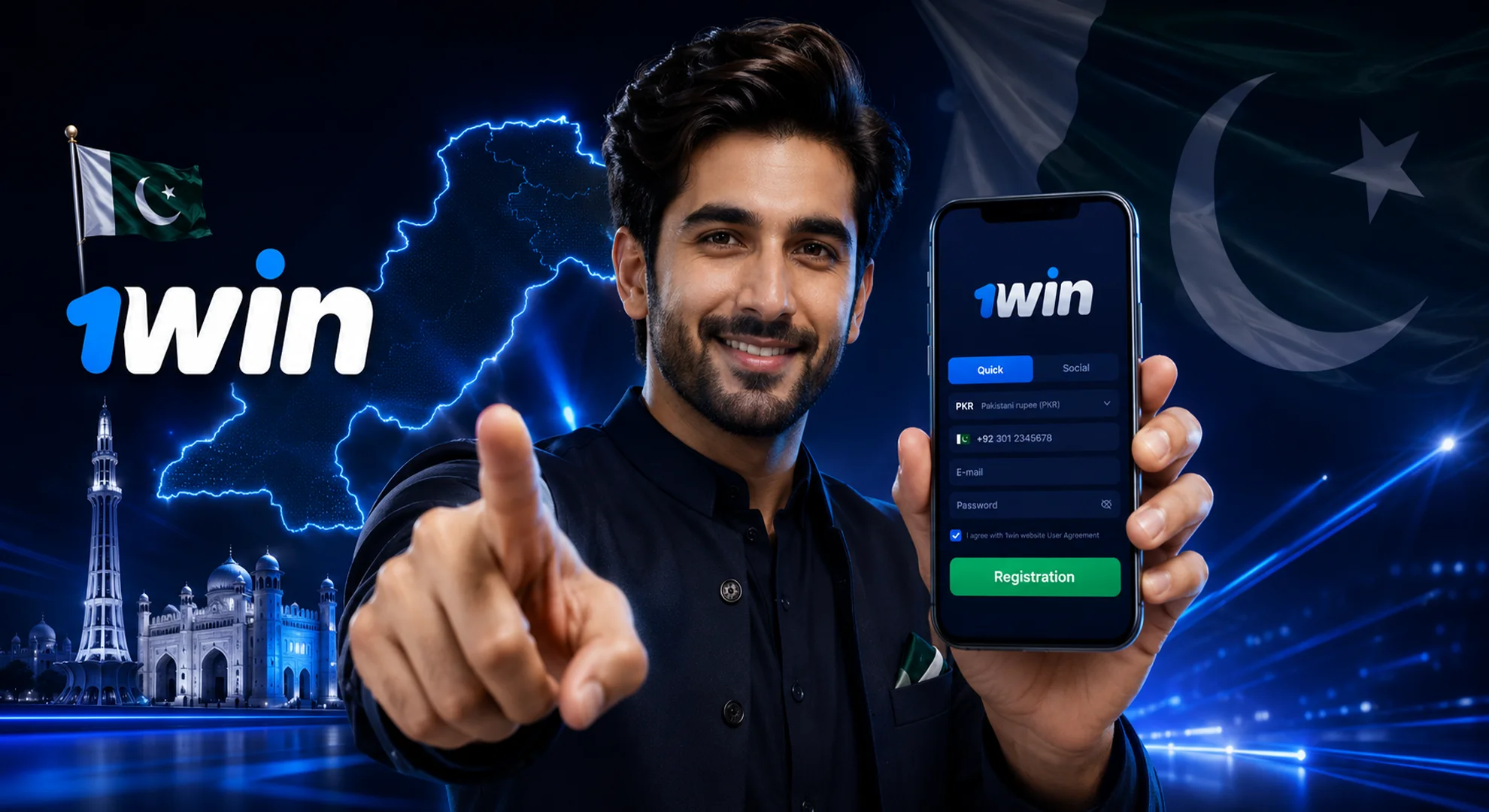 Smiling Pakistani man pointing forward while holding a smartphone with the 1win quick registration interface.