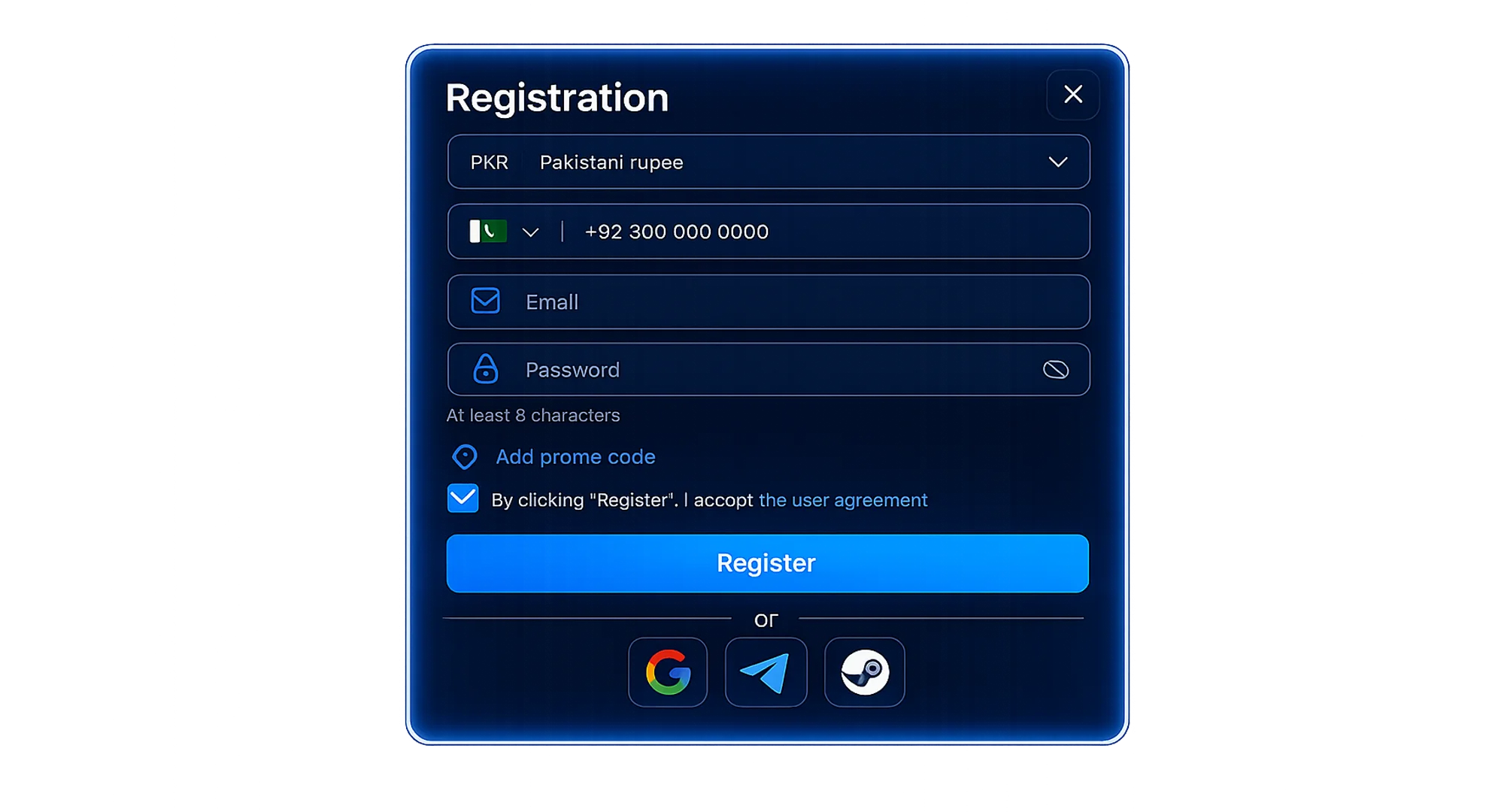 Official 1win registration form in English with a blue neon glow, highlighting options for registration via social media accounts.