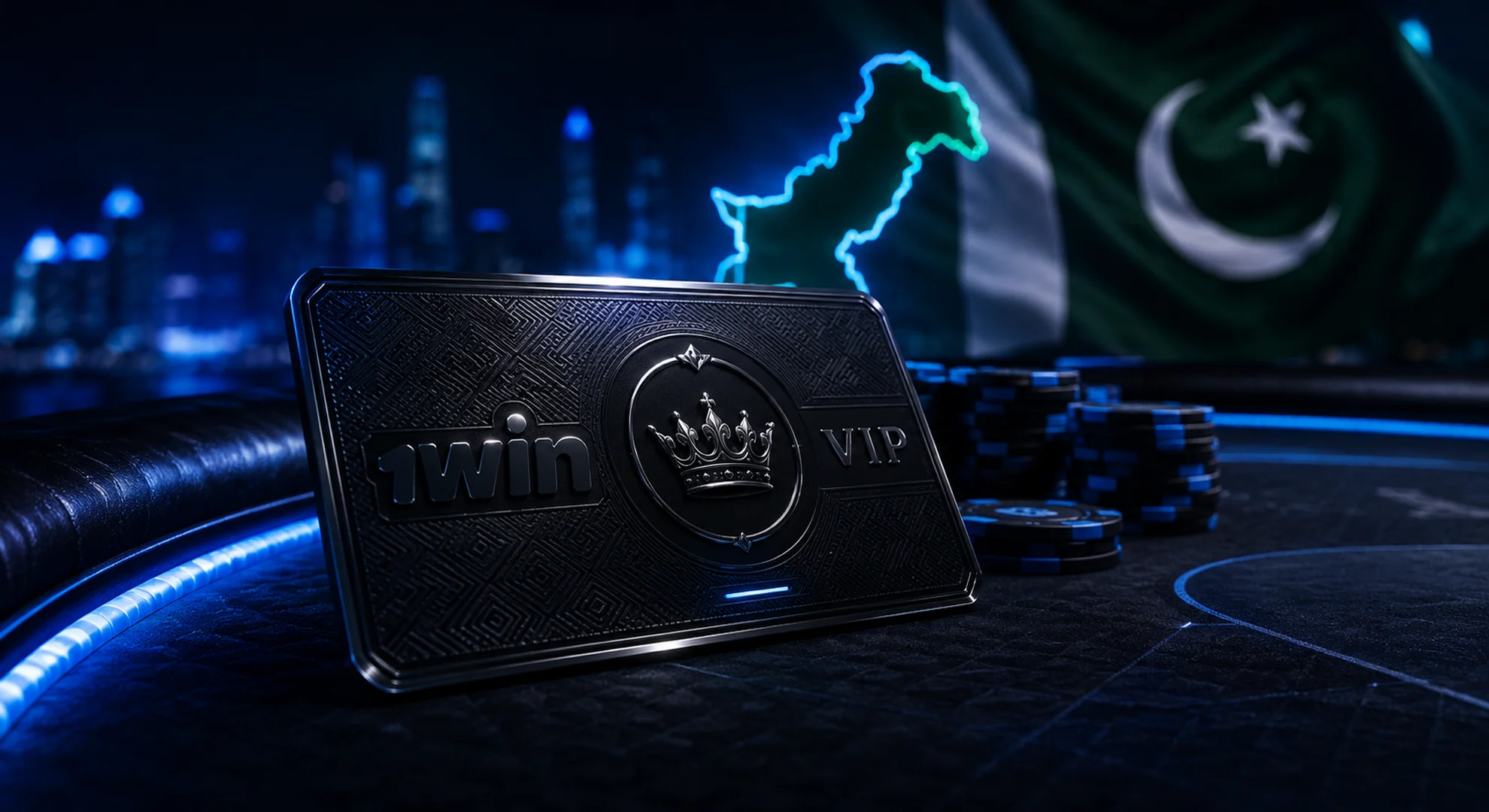 Embossed black 1win elite VIP online casino membership card lying on a blurred poker table background.