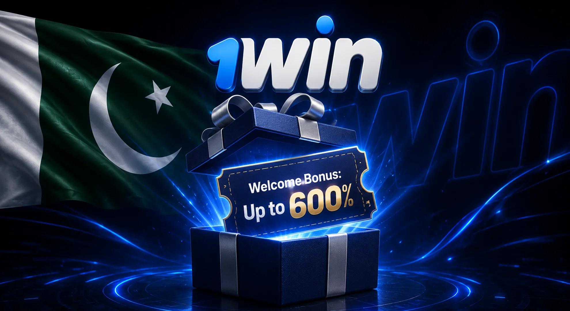 An open dark blue gift box displaying a 1win welcome bonus coupon of up to 600 percent for the first four deposits.