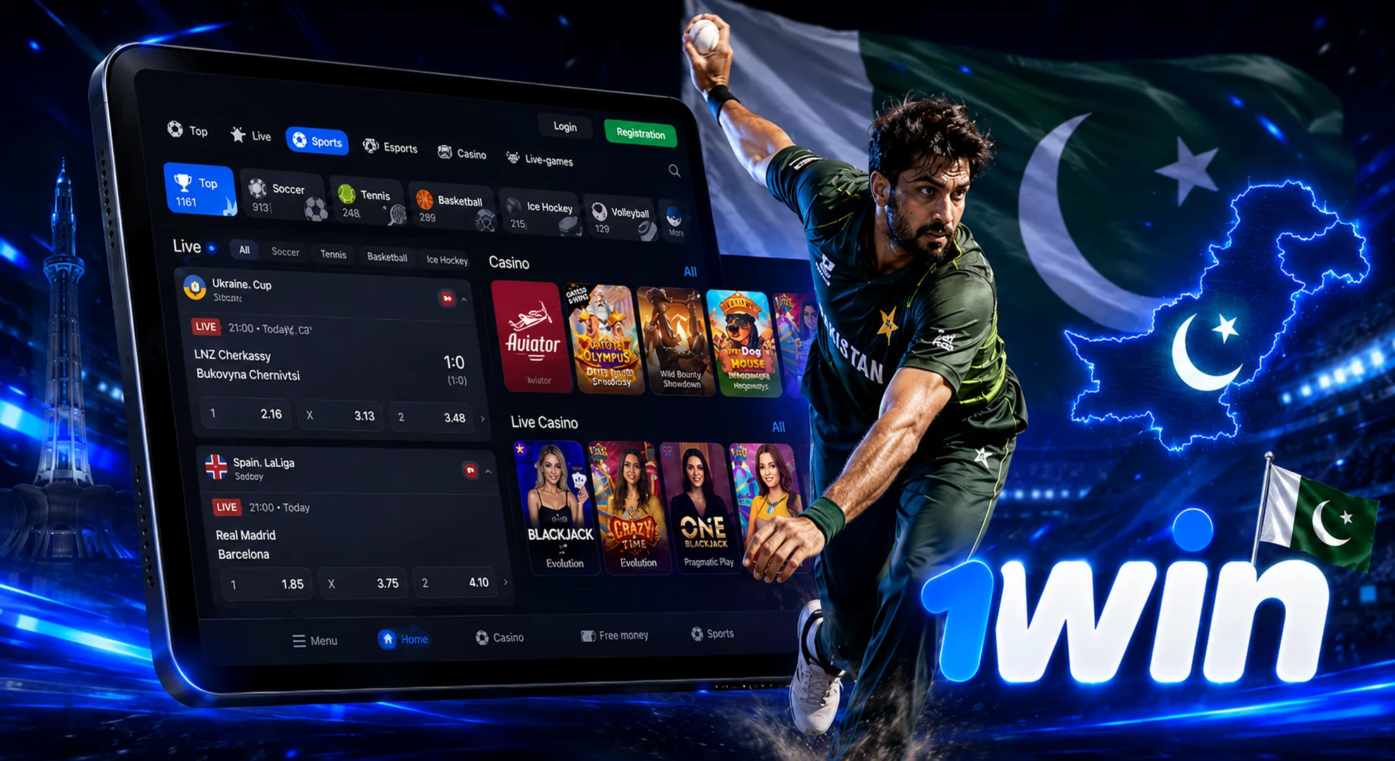 Cricketer in action in front of a tablet displaying the 1win sports betting and casino app interface.