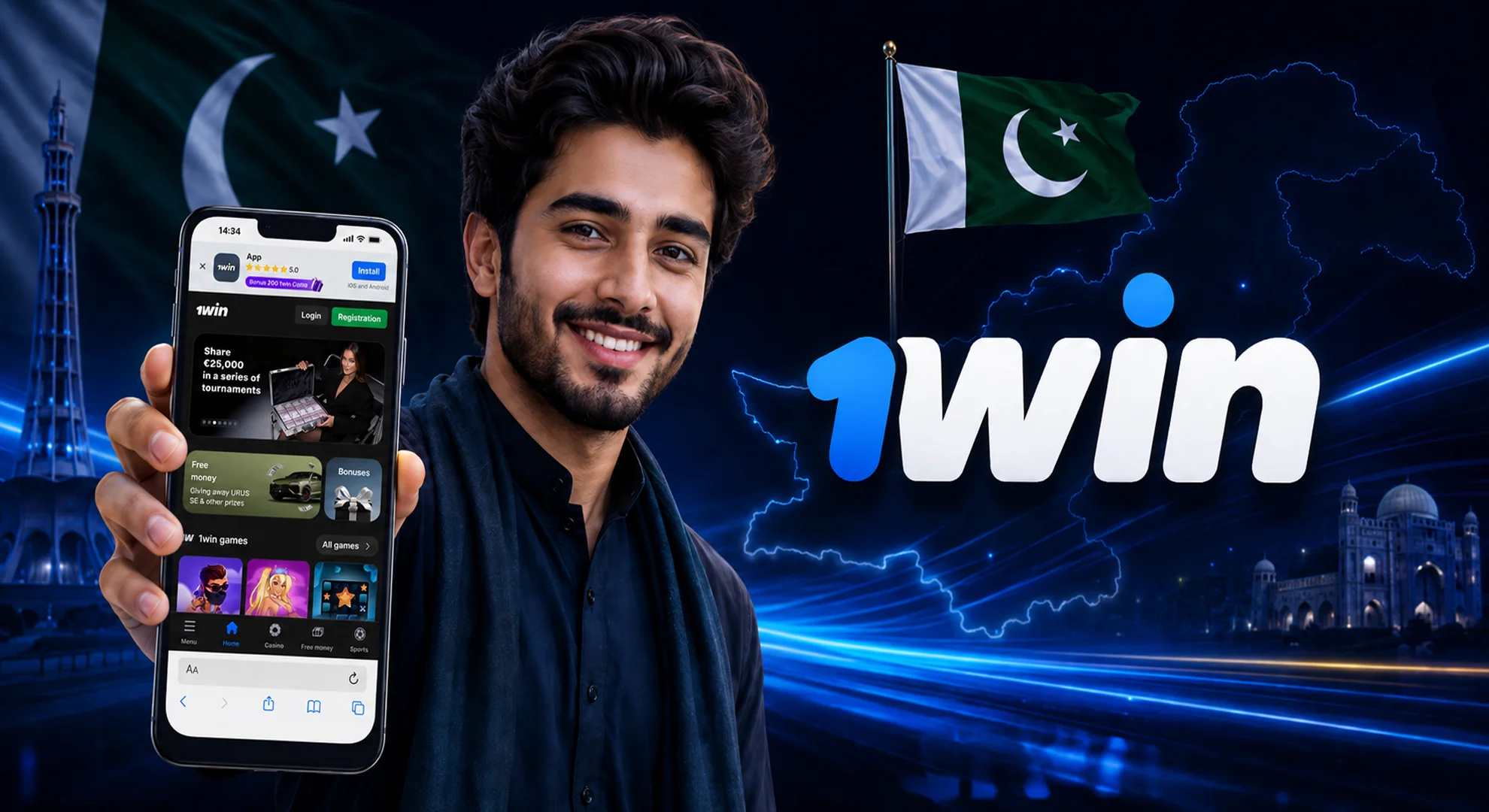 Smiling Pakistani man holding a smartphone with the 1win app interface next to a glowing neon 1win logo.