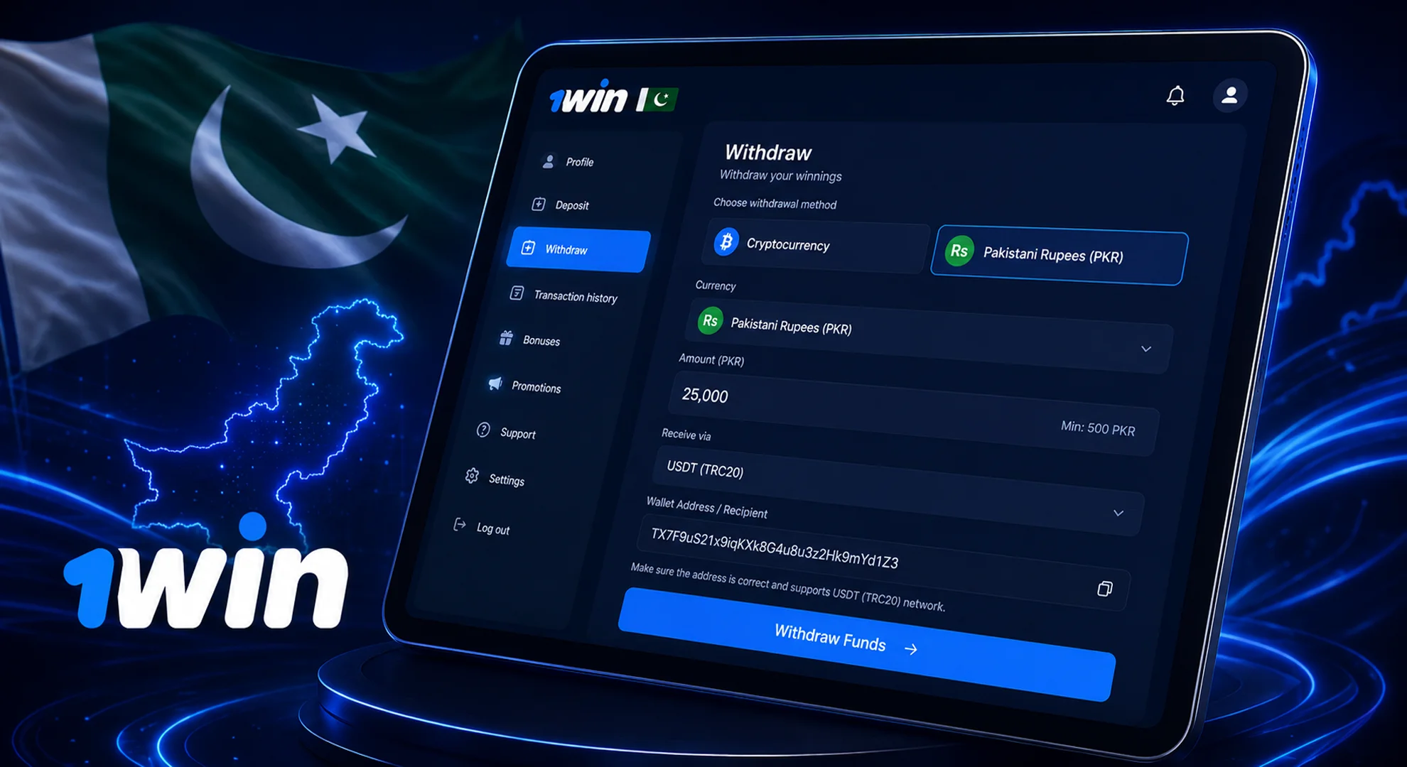Tablet screen displaying the 1win mobile app interface for crypto transactions and withdrawing winnings in Pakistani Rupees (PKR).